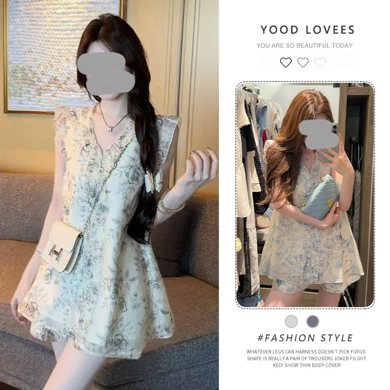 时尚洋气减龄套装女夏季2025新款纯欲气质印花背心上衣短裤两件套