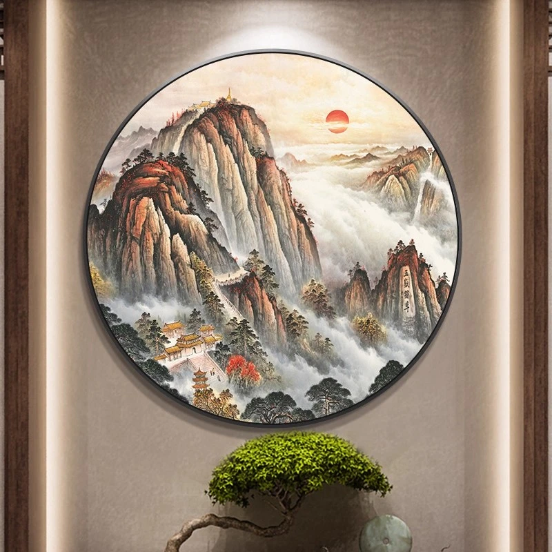 圆形玄关装饰画五岳独尊泰山日出有山无水晶瓷画入户过道走廊壁画