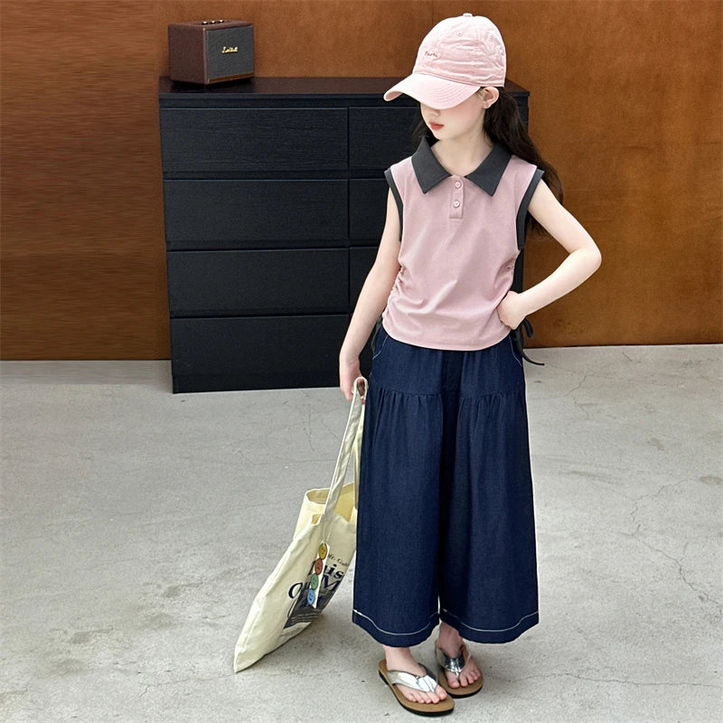女童夏装无袖套装2025新款洋气女大童夏季短袖儿童牛仔阔腿裤子