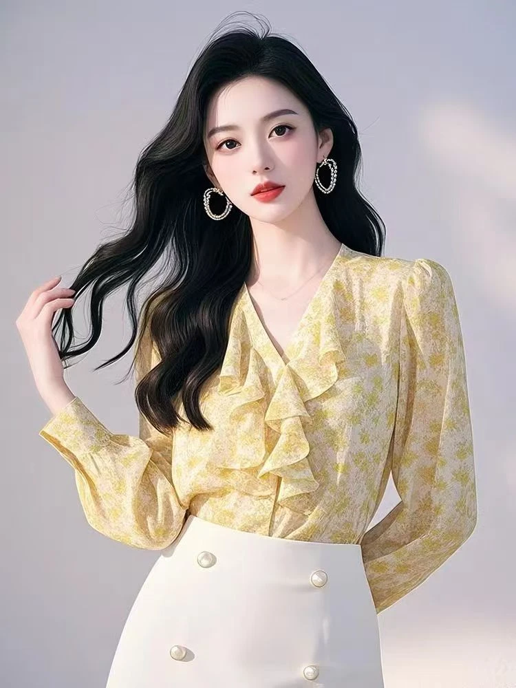 法式轻奢高级感黄色碎花荷叶领衬衫女春季超好看漂亮独特上衣小众