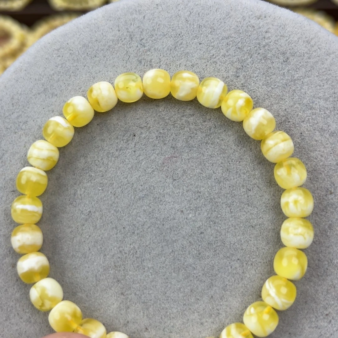 蜜蜡未镶嵌手串纯天然俄料金瓷白花虎皮极限弧高桩7*6.5腕口17+