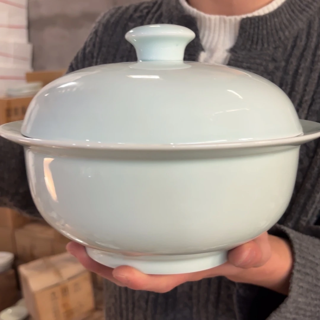 陶瓷9英寸影青汤煲带盖1只微瑕