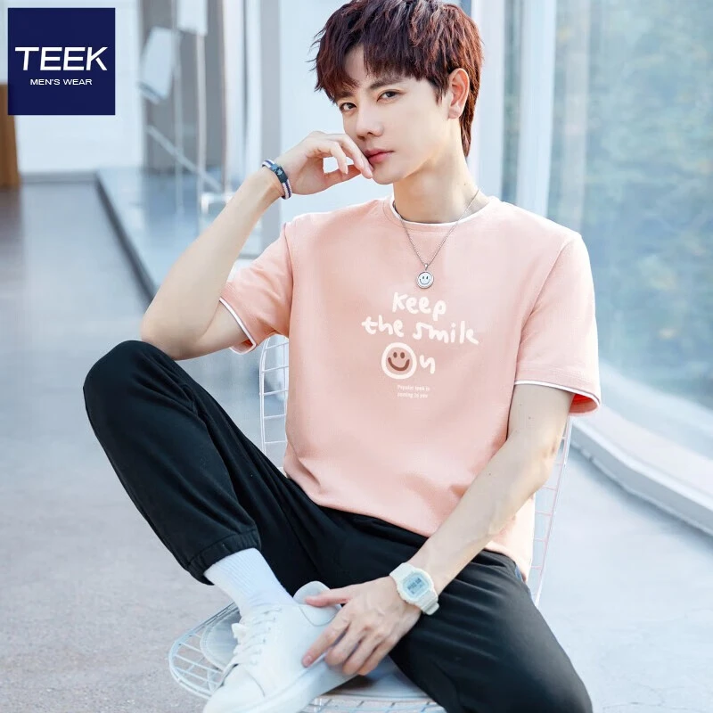 TEEK2025夏季纯棉男士假两件粉色上衣 时尚印花休闲男装短袖t恤衫