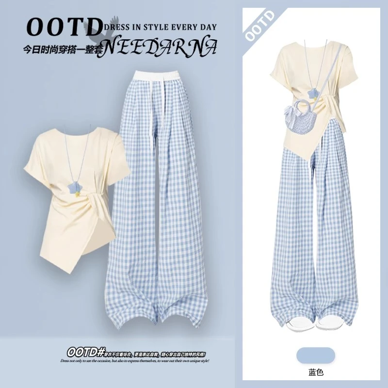 清纯系夏季多巴胺时尚穿搭韩系别致短袖上衣显瘦格子休闲裤两件套