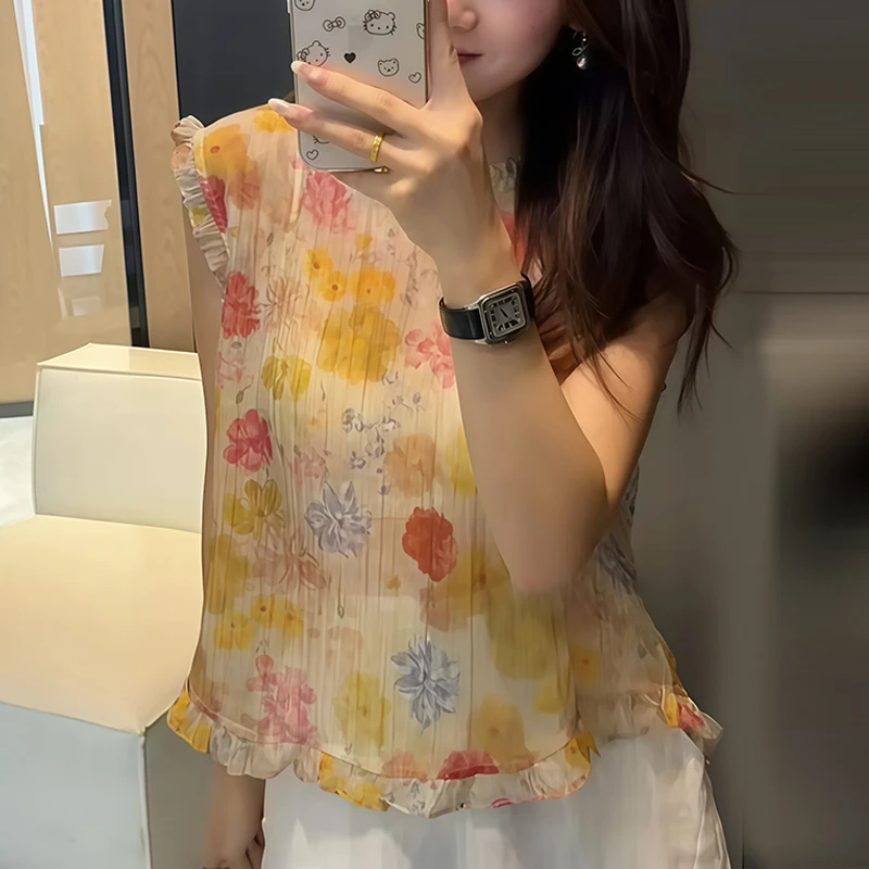 慵懒风复古百搭无袖t恤女2025年夏季新款时尚宽松遮肉木耳边上衣