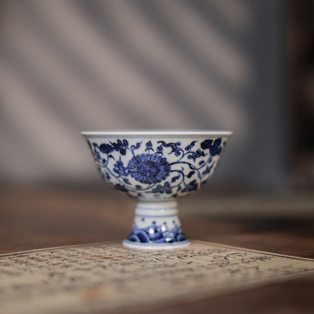 阿茶  四时花卉高足盏,口径7高度4.5满容65ml（逸古0053）