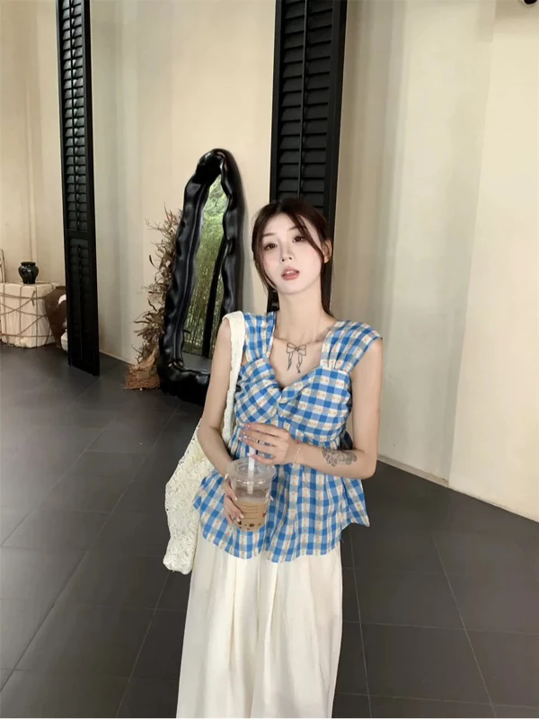蓝色格子扭结辣妹吊带背心女夏季套装气质