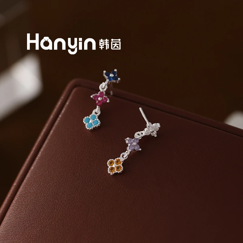 925银合成锆石耳饰 925银针韩系甜美多巴胺四叶草流苏耳钉AAA