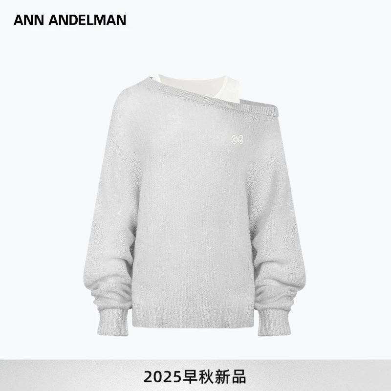 ANN ANDELMAN 2025秋季新款流光风斜肩长袖针织卫衣背心两件套女