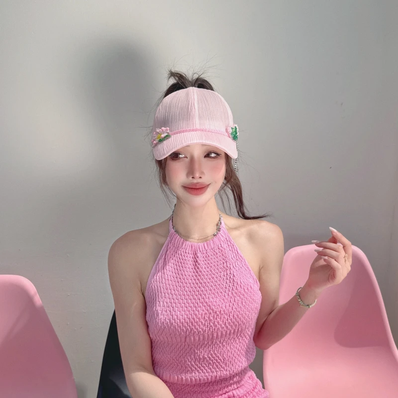 CREAMPP 原创春夏半透网纱褶皱空顶马尾棒球帽粉鸢尾花流苏鸭舌帽