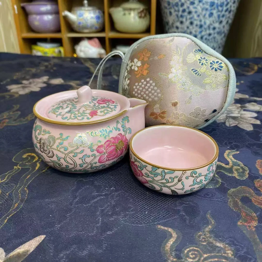 粉色金银错精致小巧便携个人泡茶具旅行茶具KK0873