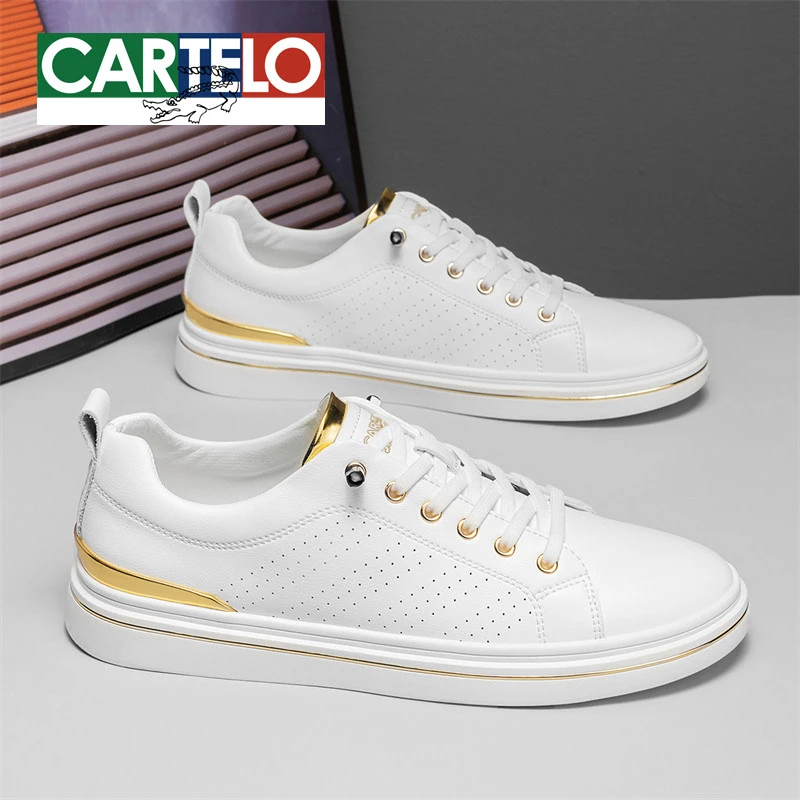 CARTELO/卡帝乐鳄鱼春季网孔小白鞋男士简约金边透气百搭休闲板鞋