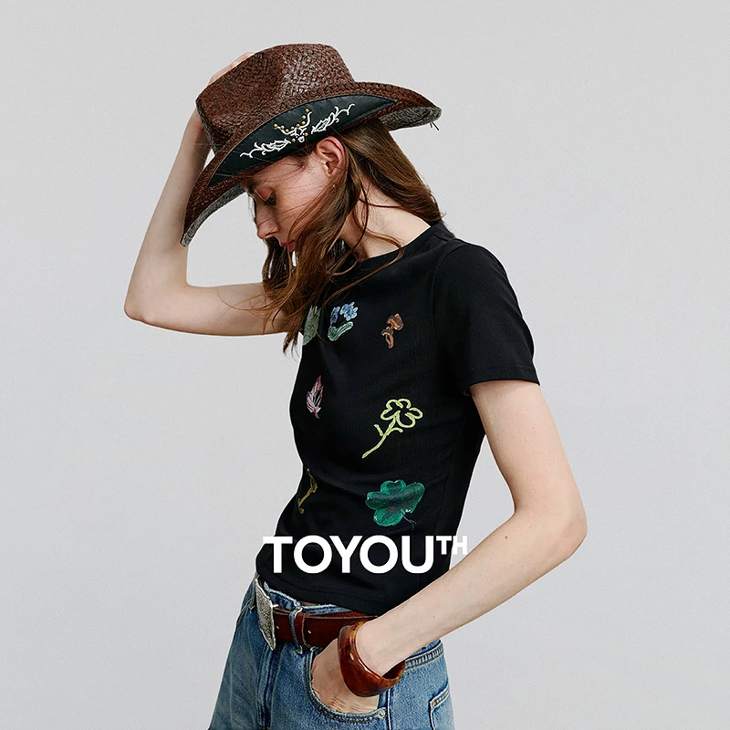 初语绿绒蒿印花修身T恤女2025户外弹力棉质休闲上衣