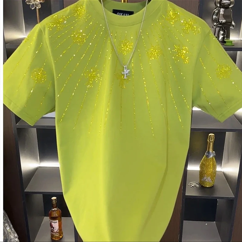 2025新款烫钻男士短袖恤夏季潮流时尚圆领男装打底衫百搭上衣服
