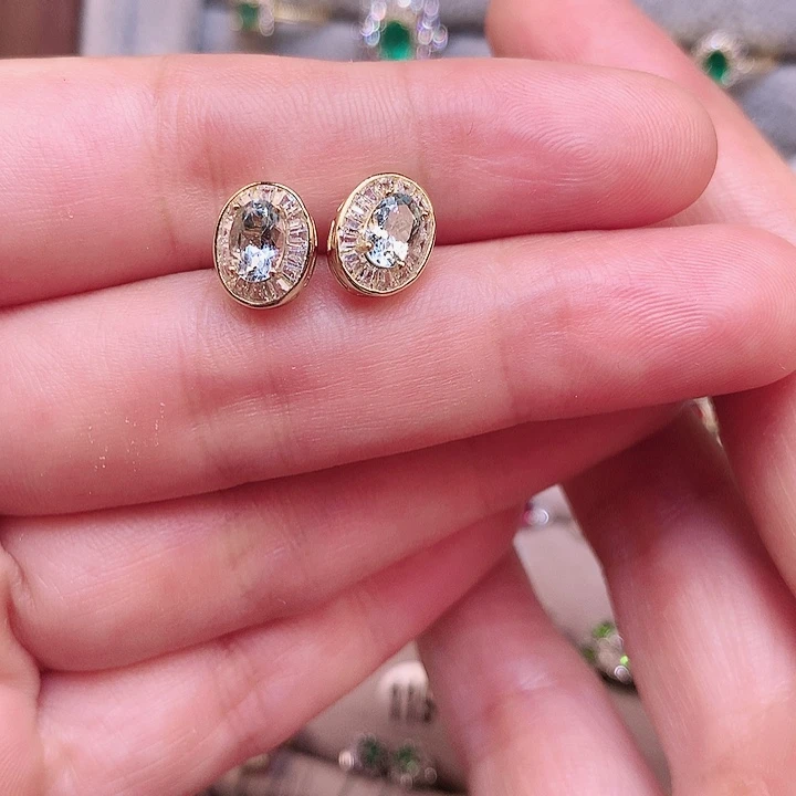 海蓝宝石耳钉银S925镶嵌