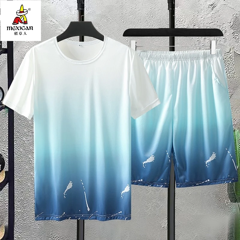Mexican/稻草人2025男士渐变套装冰丝透气弹性夏季休闲运动短袖裤