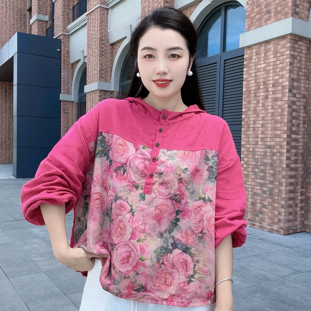 秋季新款复古新中式棉麻印花连帽长袖帽衫宽松大码休闲显瘦T恤女
