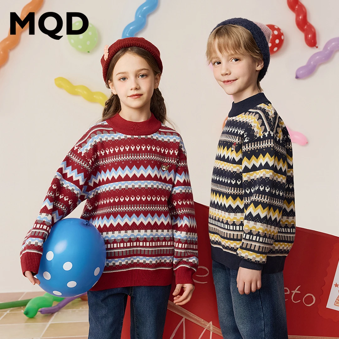 MQD童装冬季新品学院风条纹复古保暖亲肤半高领毛衣9644W07F8