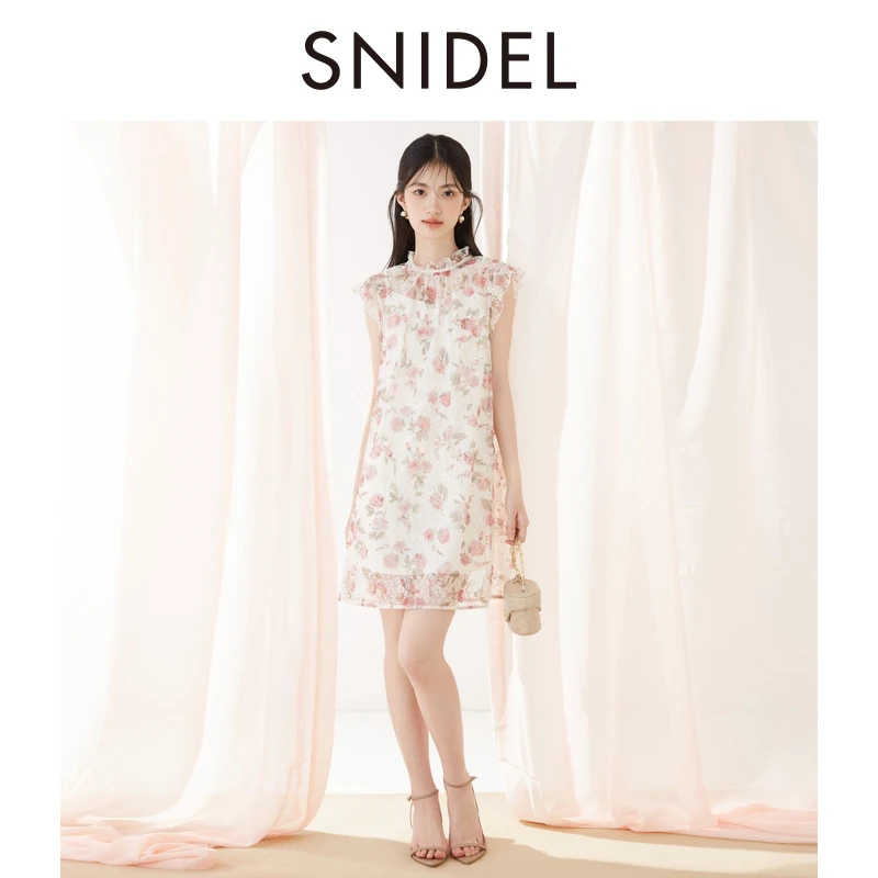 SNIDEL2025春夏新品气质荷叶边小飞袖蕾丝印花连衣裙SWFO252304