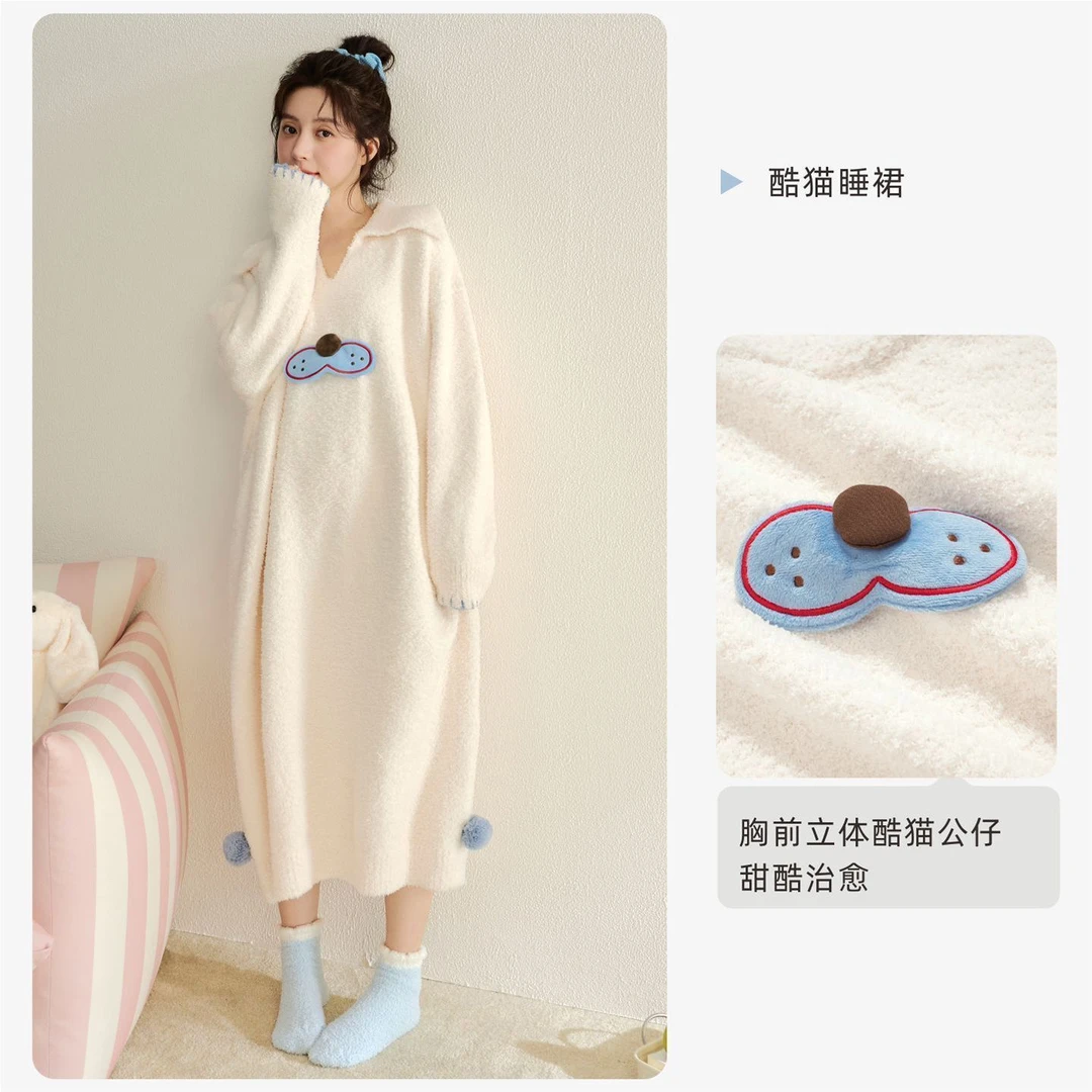 半边绒睡裙女冬天加厚保暖一体式睡衣可爱卡通家居服可外穿睡衣
