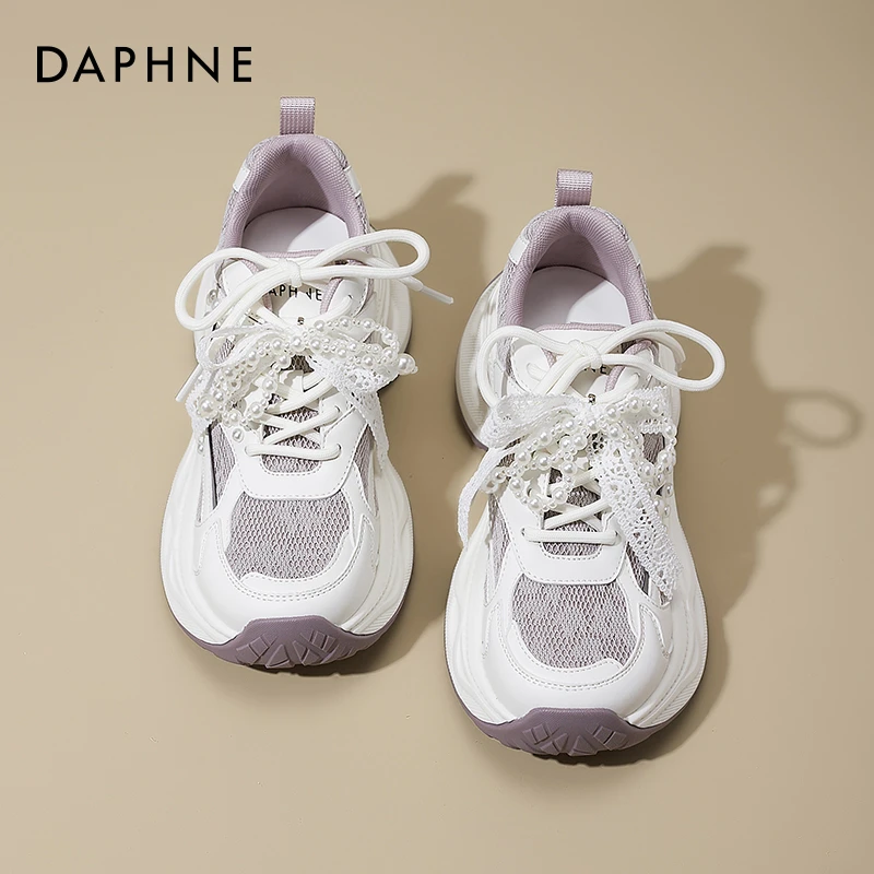 达芙妮紫色厚底老爹鞋女2025夏新款网面透气芭蕾风女鞋小白运动鞋