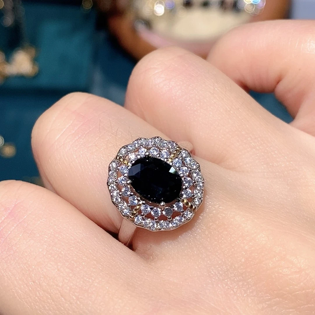 戒指蓝宝石银S925镶嵌天然蓝宝石