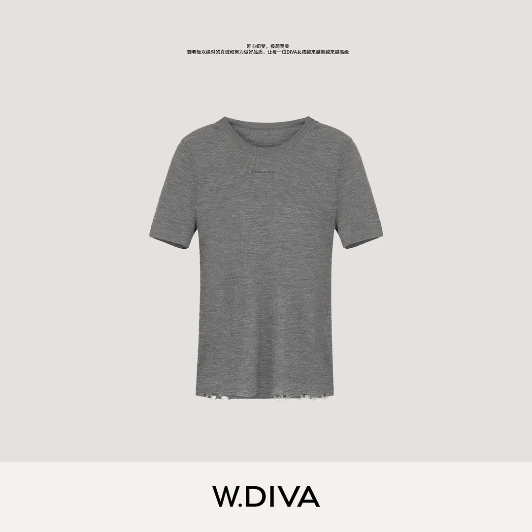 W.Diva【简随】100%美丽诺羊毛复古破损毛边圆领坑条针织53Z072903