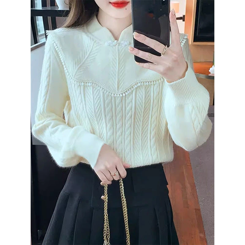 设计感荷叶边立领毛衣女2025年秋季新款新中式国风盘扣针织打底衫