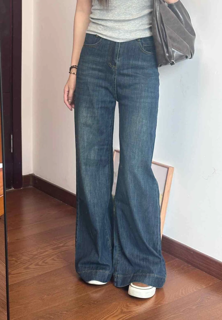 复古蓝阔腿软牛仔裤女夏季高腰宽松显瘦垂感拖地裤直筒大裤子