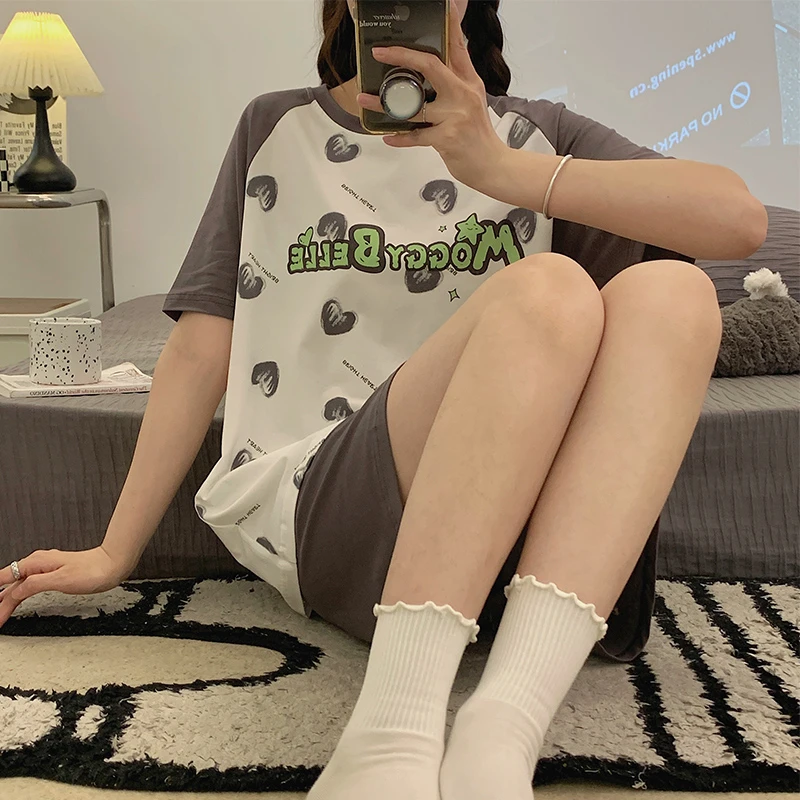 可爱少女睡衣短袖夏季纯棉宽松可外穿圆领套头女生夏天短裤家居服