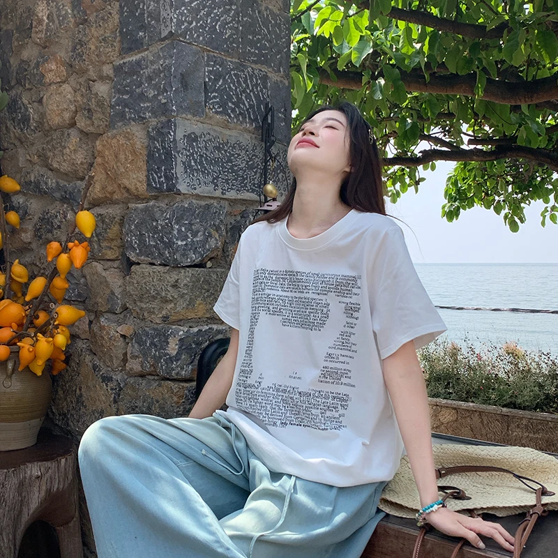 大码胖mm夏韩版正肩圆领短袖T恤字母猫猫趣味印花上衣宽松女5857