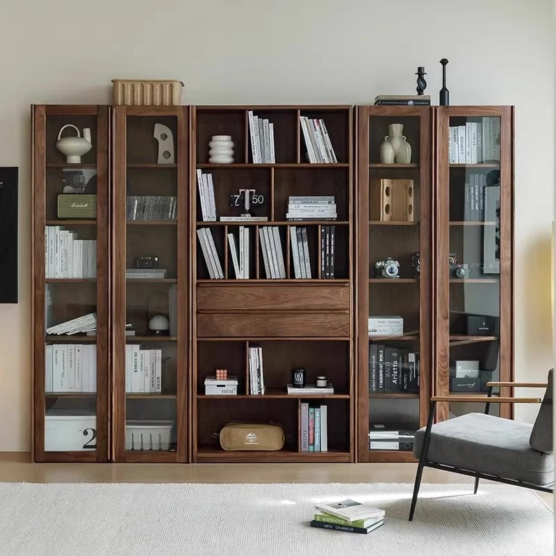 全实木书柜带玻璃门黑胡桃木书柜书架落地储物柜北欧书房家具定制