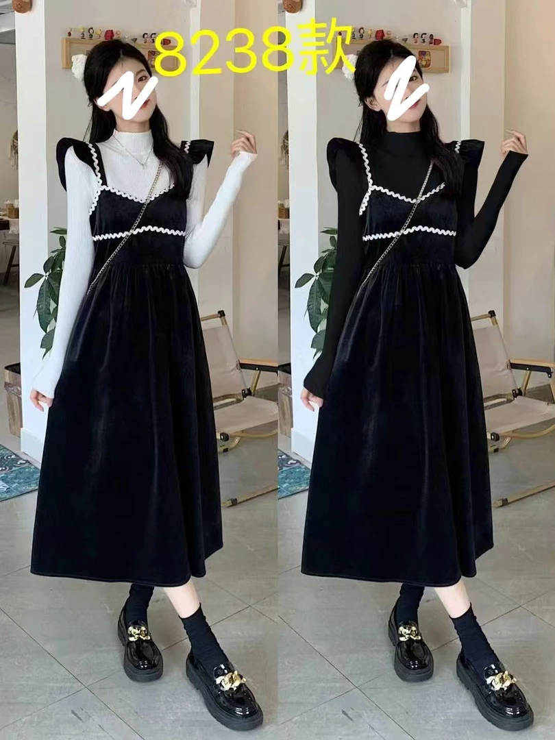 2025秋冬欧货时尚洋气清新显瘦甜美风简约飞袖内搭+吊带裙8238