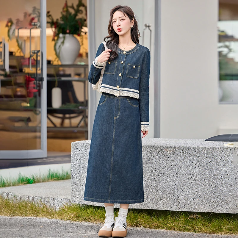 蕾丝花边拼接设计感牛仔外套两件套女2025春季新款时尚减龄套装裙