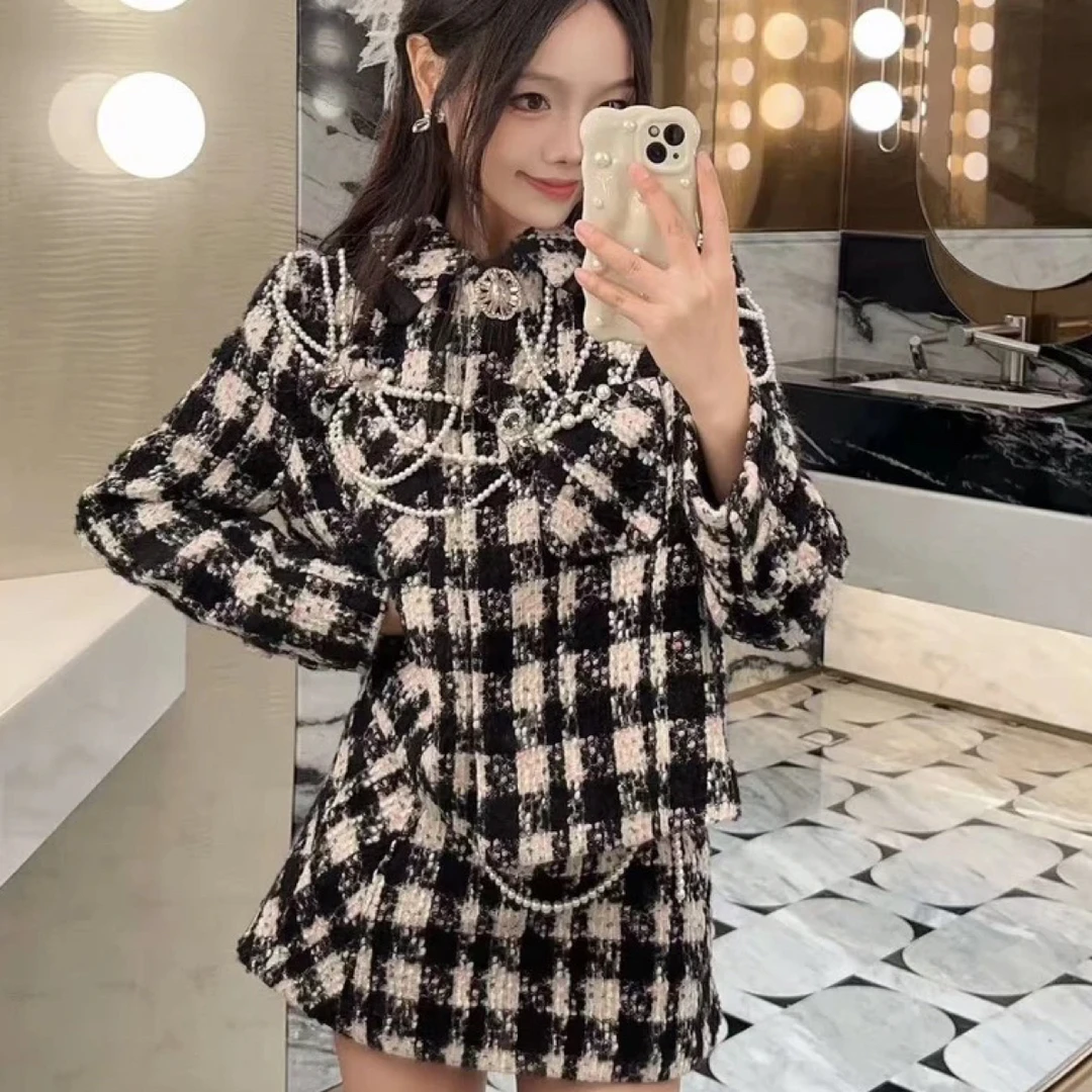 木子店小香风珍珠黑白格上衣外套套装