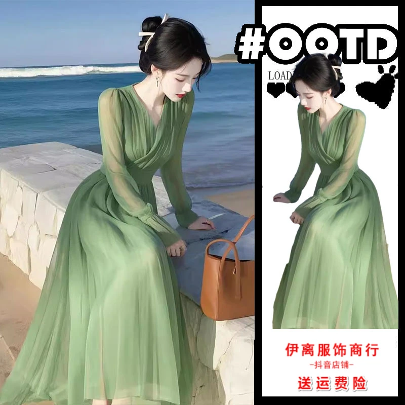 2025春季新款多巴胺绝美裙子法式气质修身海边度假绿色雪纺连衣裙