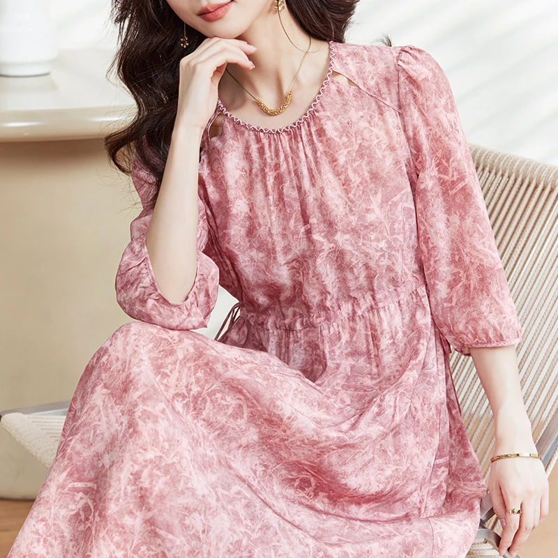 Q5120气质印花真丝连衣裙女简约百搭减龄桑蚕丝长裙