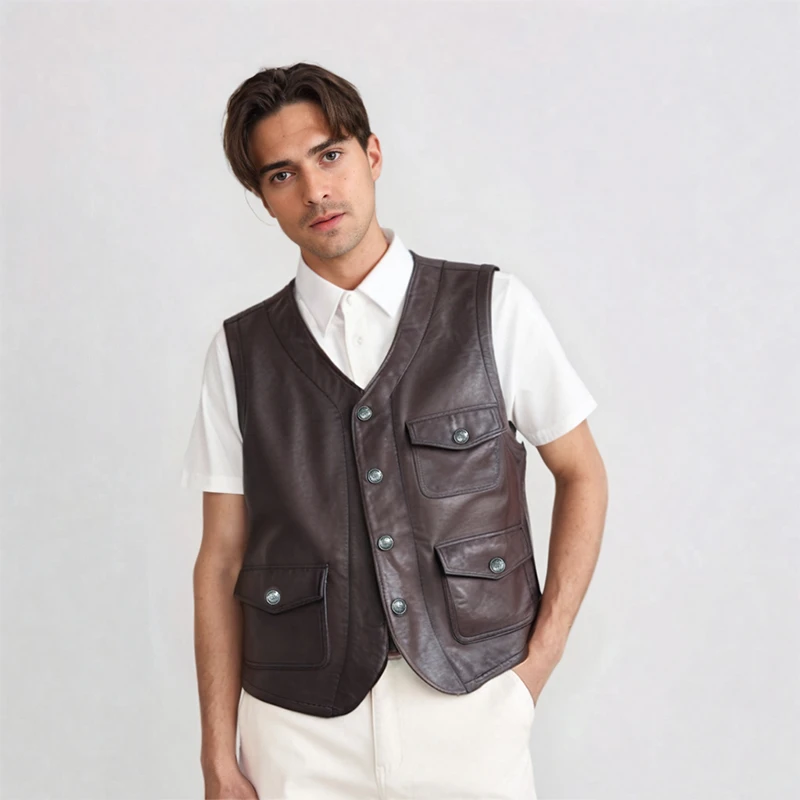 MCS紧身版V领绵羊皮马甲美式休闲复古做旧男皮坎肩冬季CW24WV717M