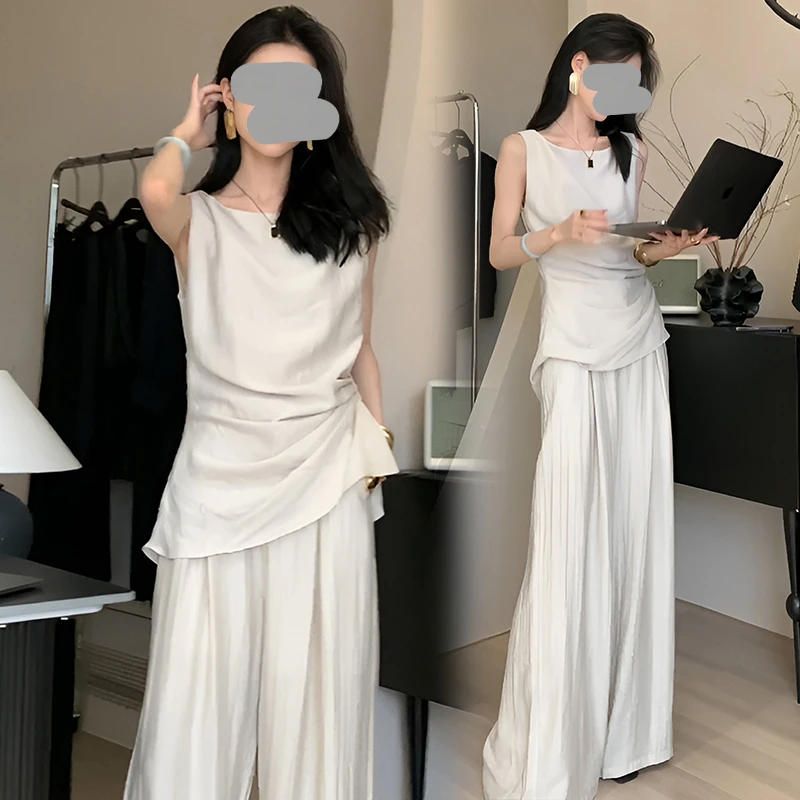 轻奢设计感时髦韩系简约套装女2025夏季新款不规则无袖上衣阔腿裤