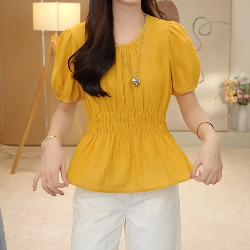 2025夏季新款大码女装胖妹妹时尚百搭洋气减龄法式甜美圆领衬衫女