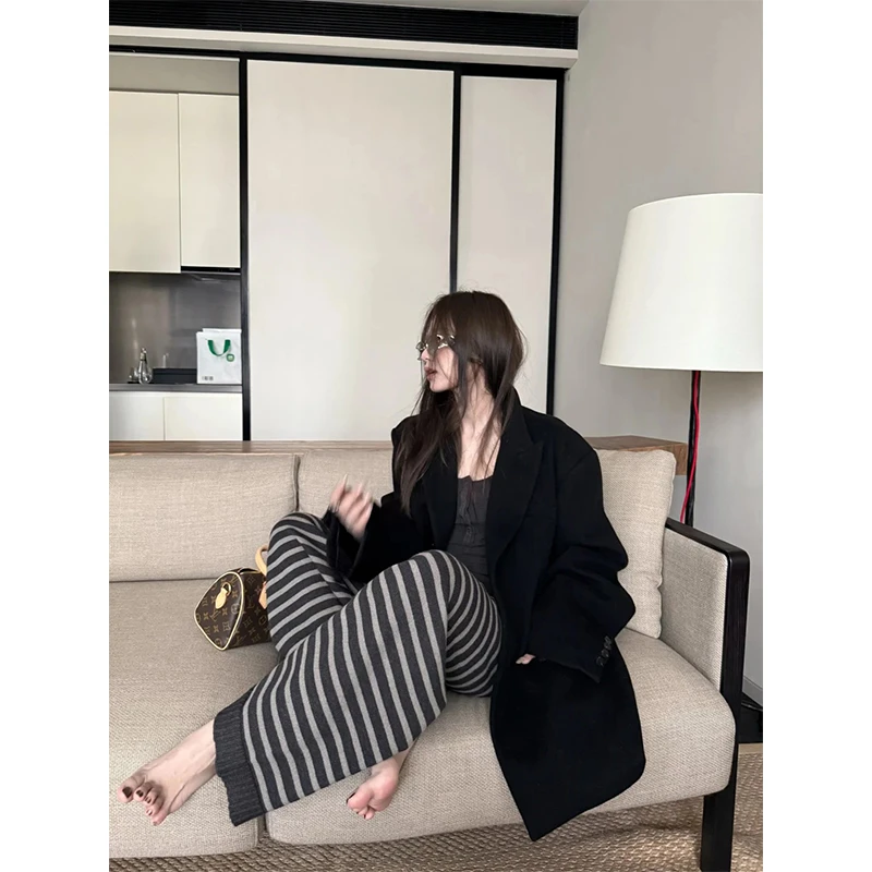 洋气百搭时尚加绒加厚条纹针织裤女秋冬高腰慵懒风直筒休闲阔腿裤