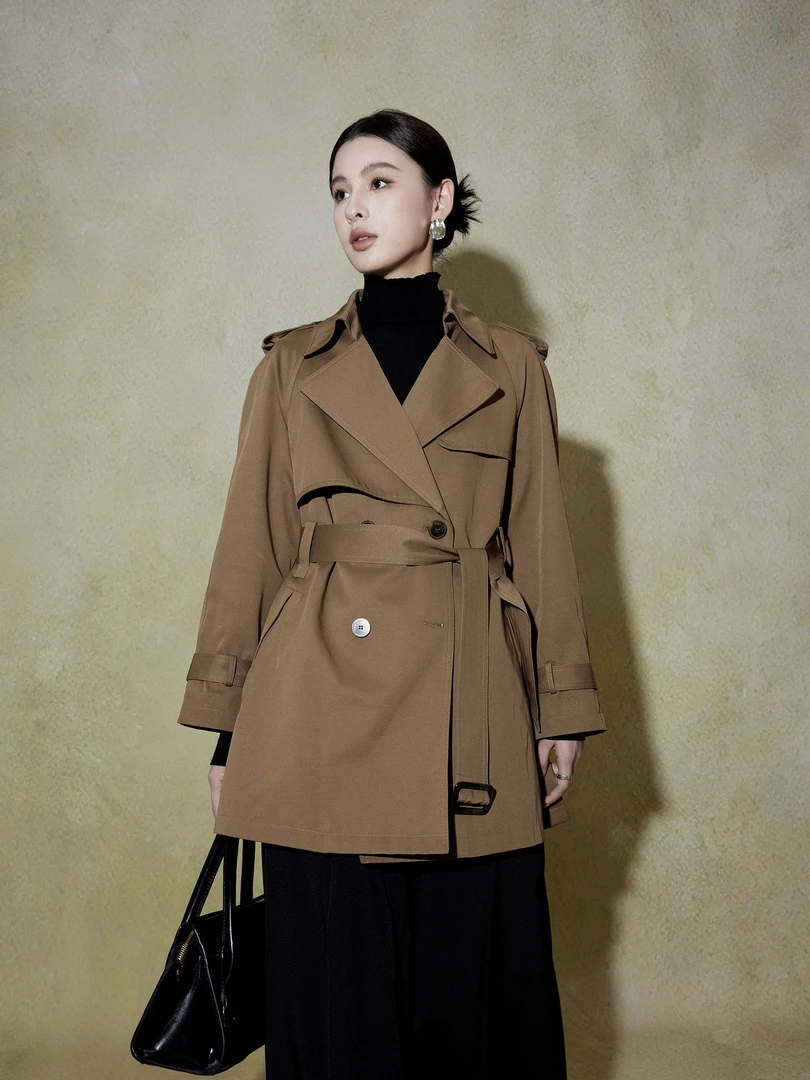 专柜同款英伦风短款风衣-新款卡其色显瘦气质百搭女士品牌外套