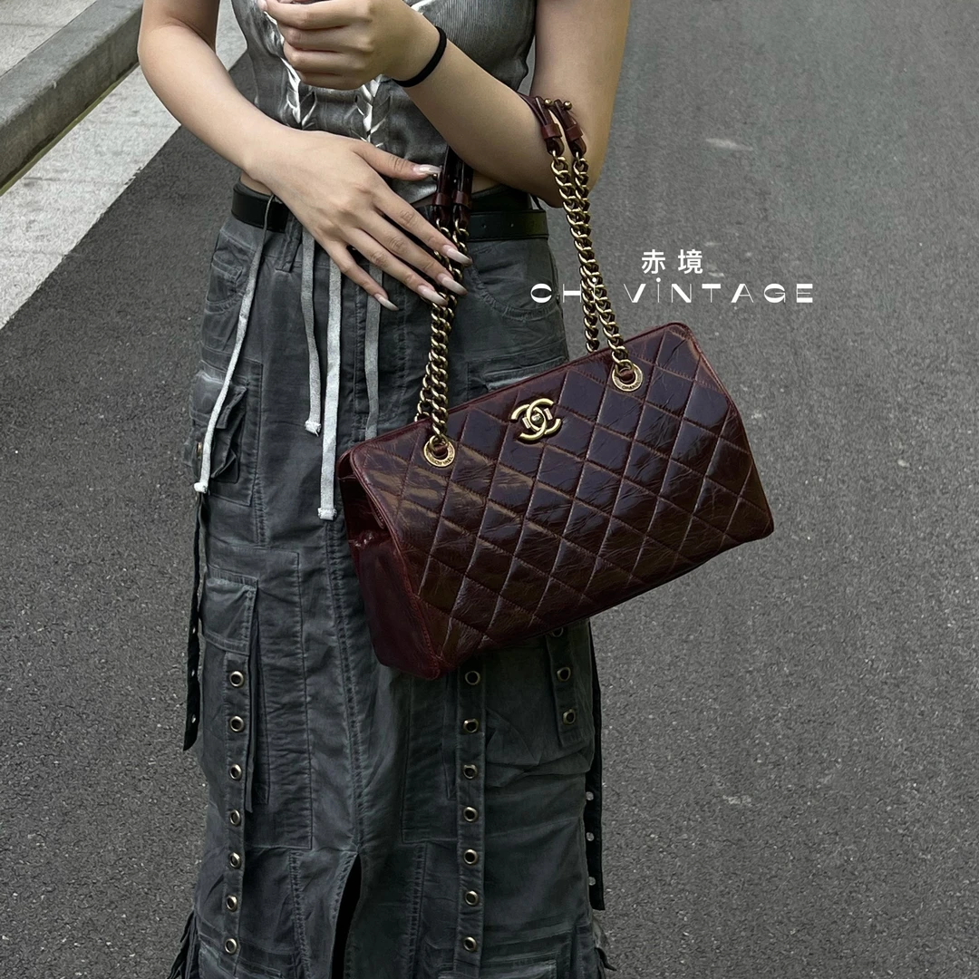 95新 Chanel/香奈儿 2456 酒红孟买牛奶盒子单肩包中号13-14