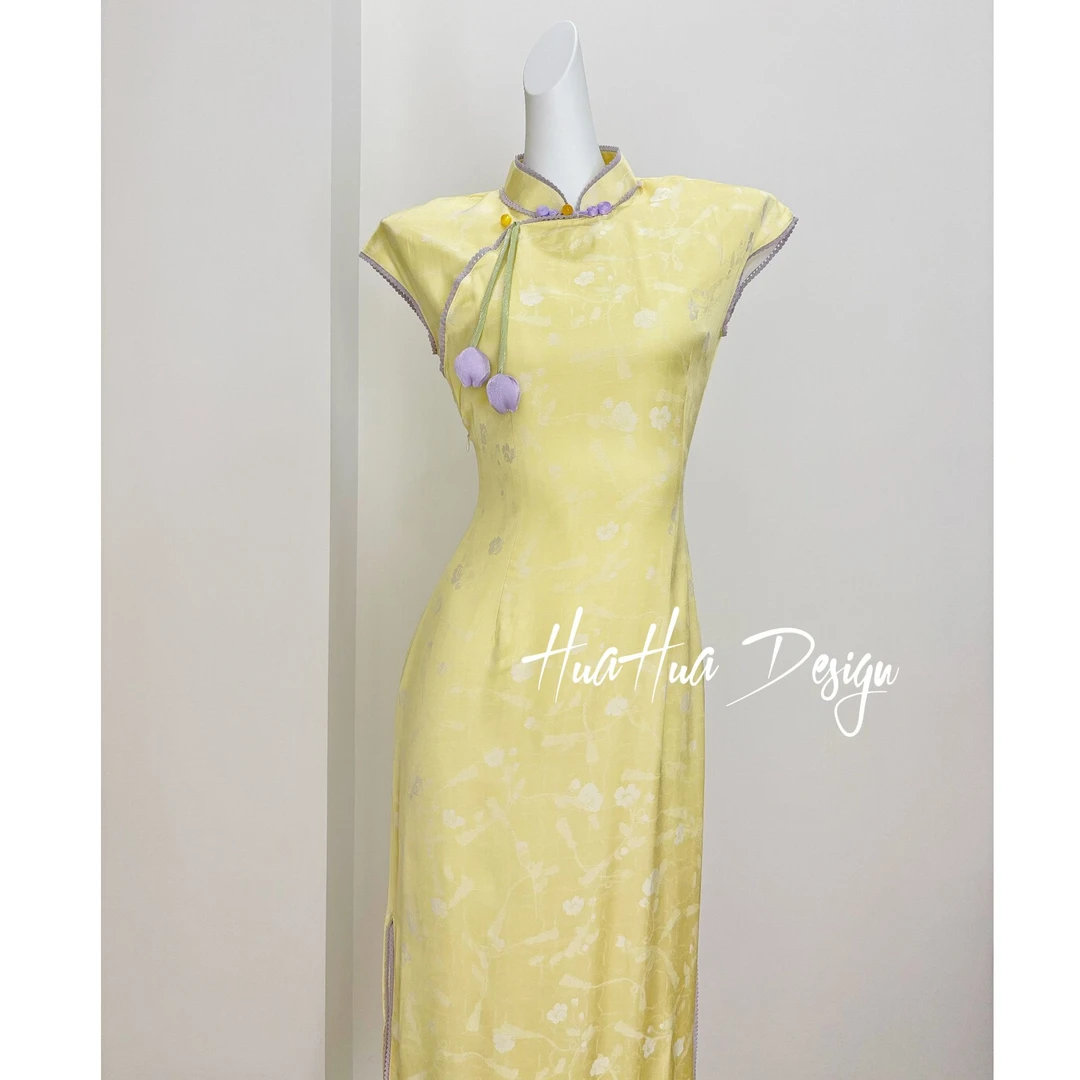 【小杏运】中国风半开襟金色送考重工显白气质旗袍双层衣长120