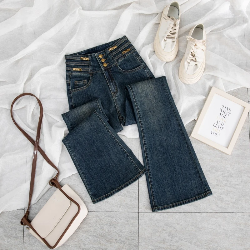 单裤/加绒高腰微喇叭牛仔裤女秋季新款修身显瘦紧身喇叭9737