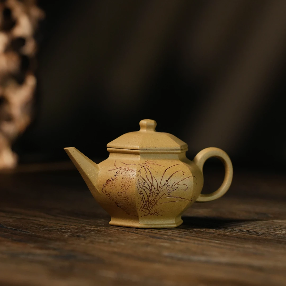 原矿黄金段【刻绘六方水平】125cc HJD 宜兴紫砂壶