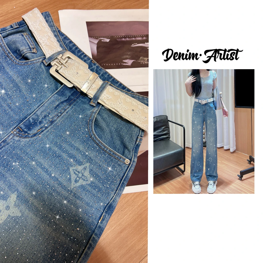 【星海之谣】2025夏季新款烫钻图案窄版直筒拖地牛仔裤