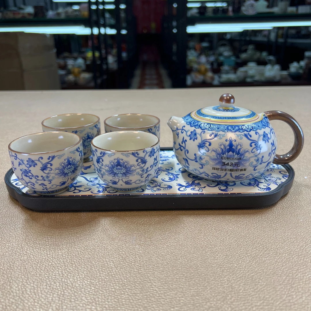 瓷韵优品 复古陶瓷汝窑青花缠枝莲西施壶+四杯带茶盘-2072