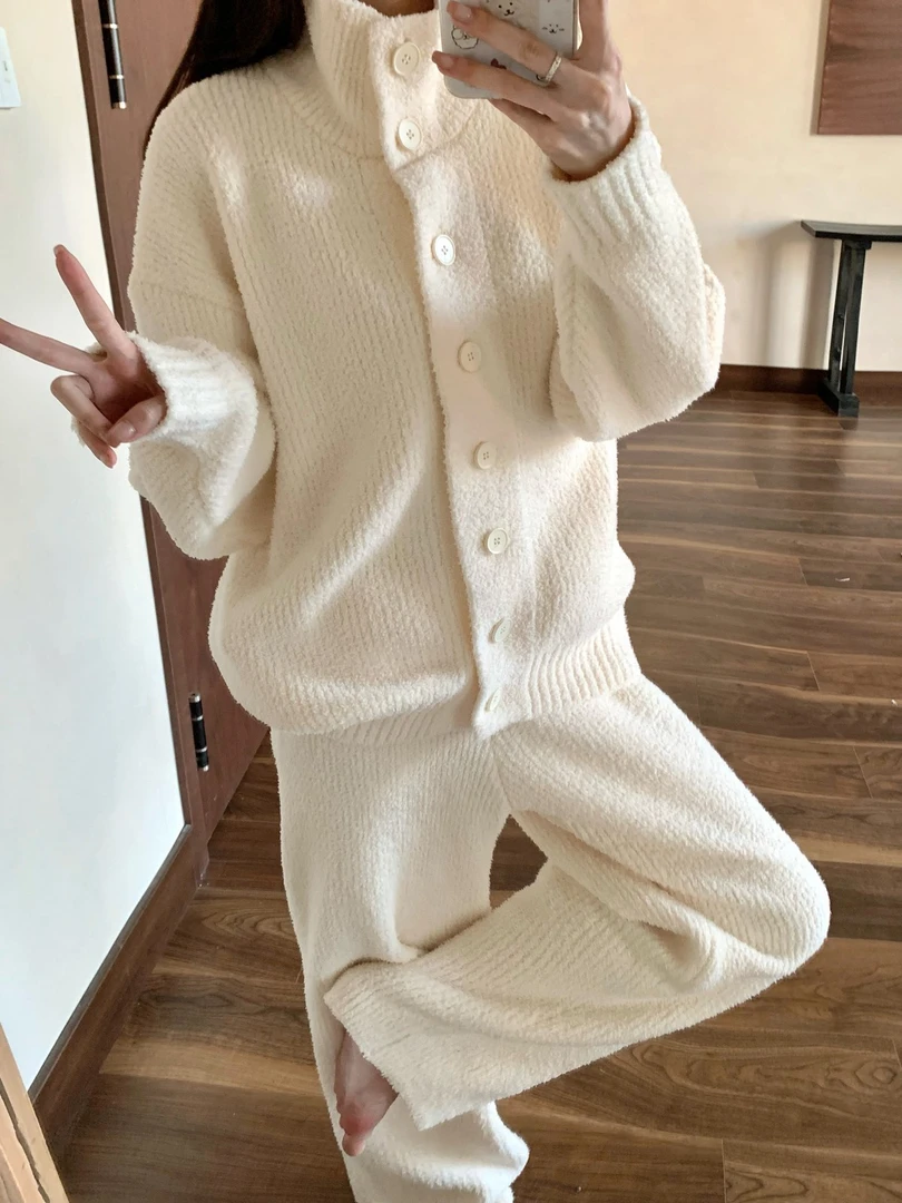 韩版洋气半边绒睡衣女款秋冬季加绒加厚保暖珊瑚绒长袖家居服套装