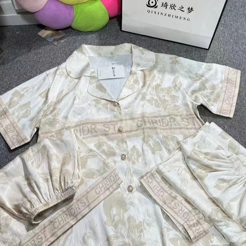 琦欣家白金三件套冰丝高级夏季凉感睡衣套装家居服女